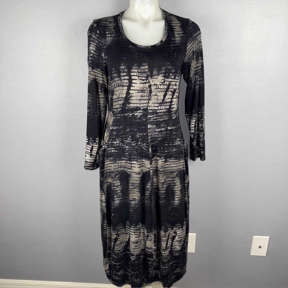 Q Neel Nordic Design Dress Women’s 10 Black & Beige Long Sleeve Jersey Lagenlook